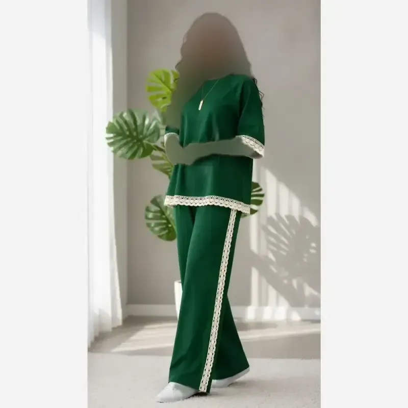 ست تونیک و شلوار پاییزه دلارا جنس داکرون میکرو و دانتل گیپور سایز بزرگ فری تا 50