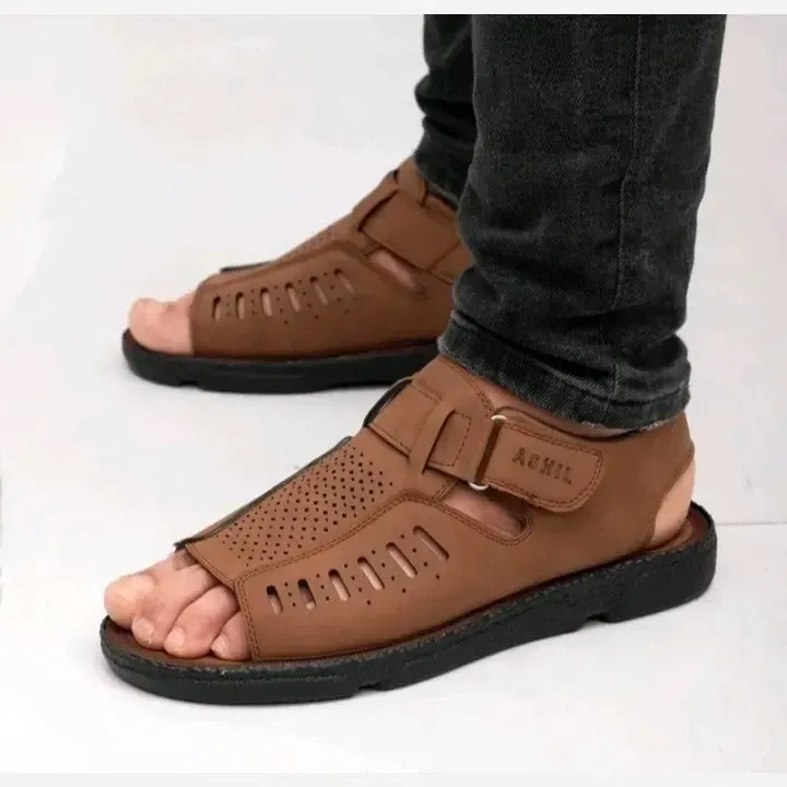 صندل تابستانی مردانه چرم مصنوعی رنگ عسلی